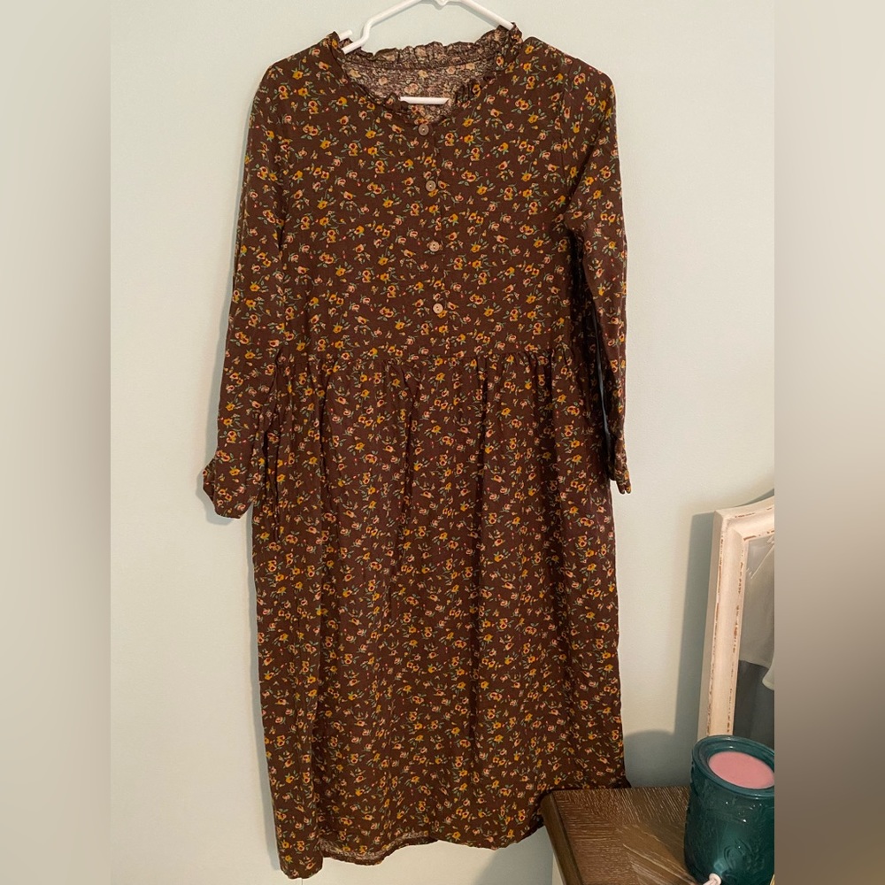 Brown Floral Cottagecore Midi Dress